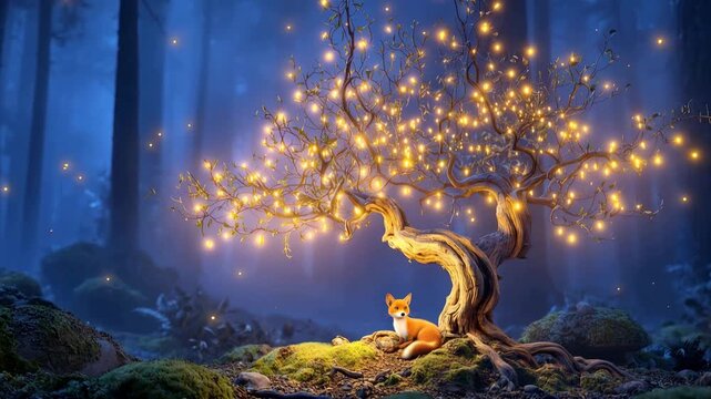 Enchanted Forest with a Glowing Magical Tree and Peaceful Fox at Twilight
