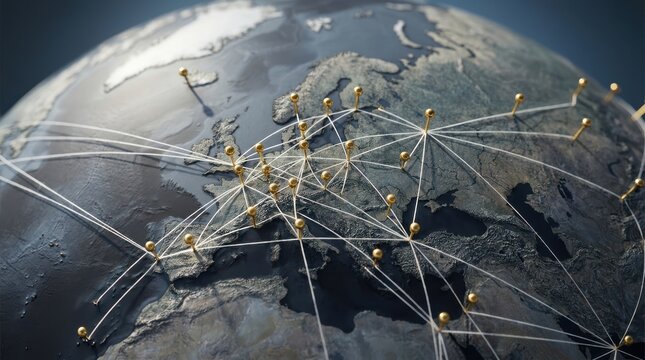 Interconnected global network on earth globe showing communication links between various European major cities.