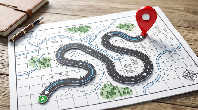 Planning a travel route on a paper map with a red location pin marker