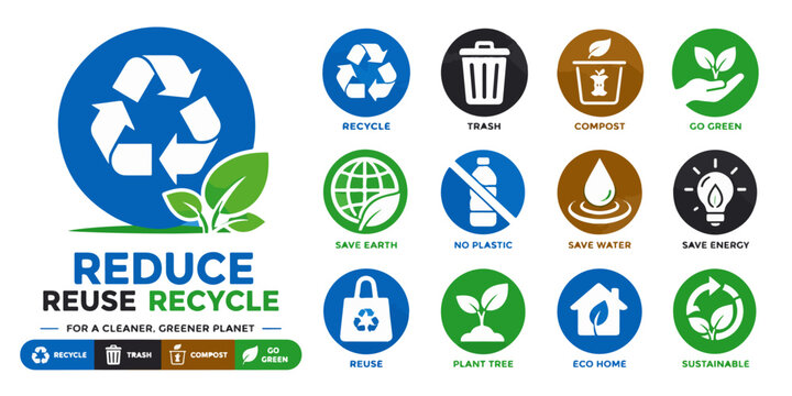 Sustainability and recycling icon set, eco friendly environment symbols, reduce reuse recycle vector collection for green planet conservation