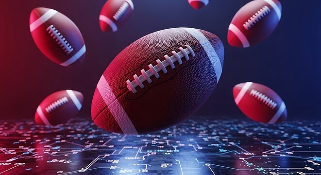 American footballs flying in mid-air on futuristic digital background