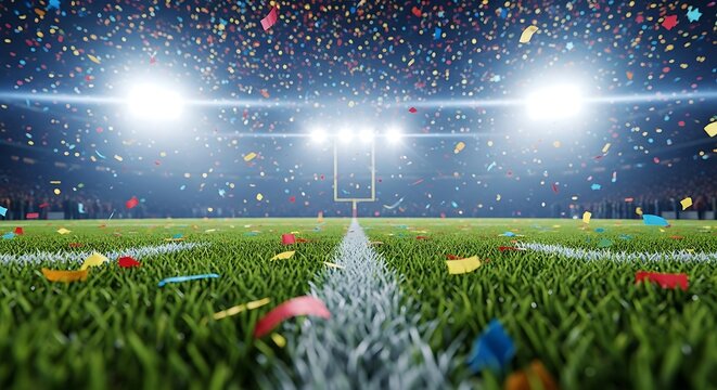 Celebratory football stadium with confetti and floodlights