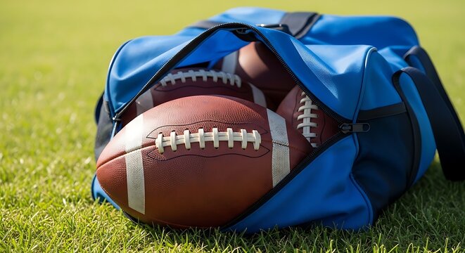 American football balls in a blue sports bag on green grass field