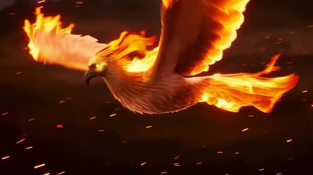 Phoenix Bird Surrounded by Blazing Flames and Magical Fire Energy