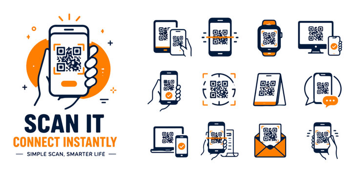 QR code scan icons set, mobile phone scanning technology vector, digital payment and barcode reader symbols in orange and black