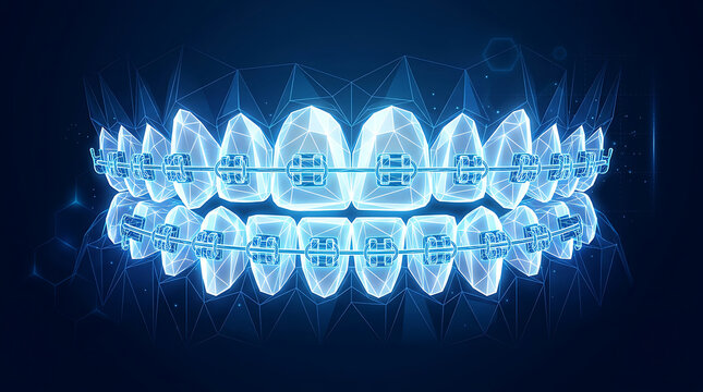 Luminous blue digital dental braces on glowing teeth abstract background orthodontic correction