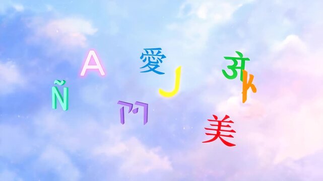 Diverse alphabet characters float gently against soft blue sky with wispy clouds in a serene concept