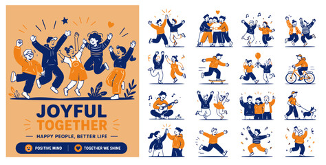 Fototapeta premium Joyful together happy people vector set, diverse community characters celebrating life, orange and blue flat line art illustrations