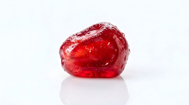 Single pomegranate aril with water droplets isolated on white background