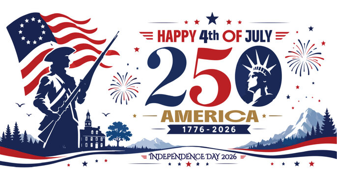 Patriotic America 250th anniversary banner, Happy 4th of July 2026 semiquincentennial vector, Independence Day 1776-2026 celebration