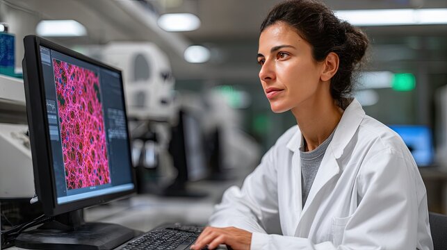 Professional pathologist studies digital whole-slide cancer pathology on a high-resolution display in a modern laboratory