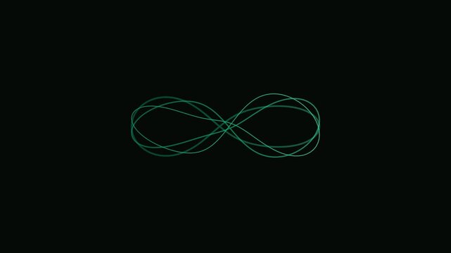 A glowing green infinity symbol formed by abstract light lines on black