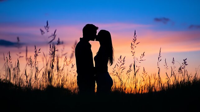 Silhouetted couple kissing at sunset in a field of tall grass, a romantic moment captured against a vibrant colorful sky