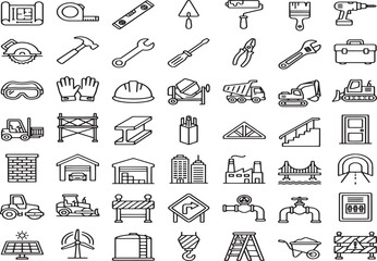 Fototapeta premium Construction tools and building equipment icons featuring industrial hardware isolated on a white background for site planning.