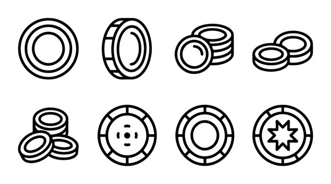 Casino Chips Vector Icons Set, Gambling Tokens Collection, Poker Money Elements, Game Currency Graphics