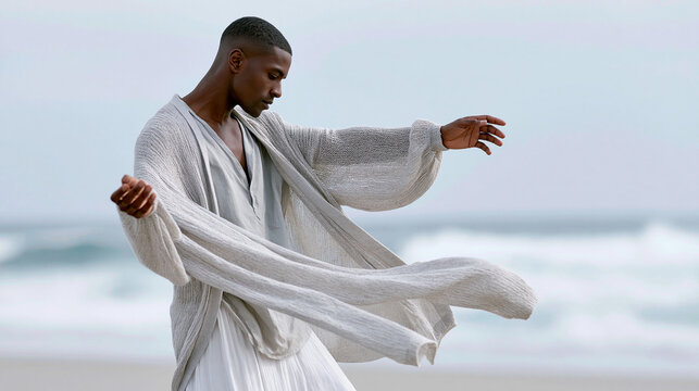 Man gracefully dancing on a windswept beach in flowing neutral garments