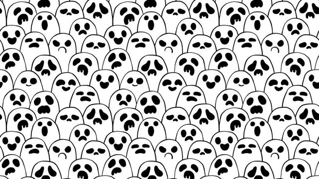 Seamless looping 2D cartoon animation pattern with a hand-drawn crowd of ghosts with various expressions. Perfect for festive promotions, social media, event invitations, or as a dynamic background.