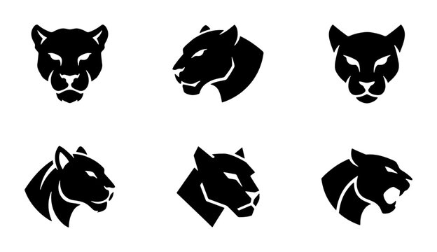 Black Panther Icons, Wild Cat Vector Graphics, Feline Head Silhouettes, Powerful Animal Emblems