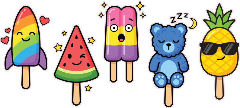 Cute Cartoon Popsicle Character Stickers Set with Rainbow Rocket, Watermelon, Bear, and Pineapple Emoji