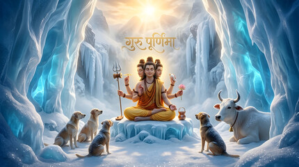 Guru Purnima celebration Lord Dattatreya meditating before snowy mountains illustration poster design artwork devotional spiritual heritage © love