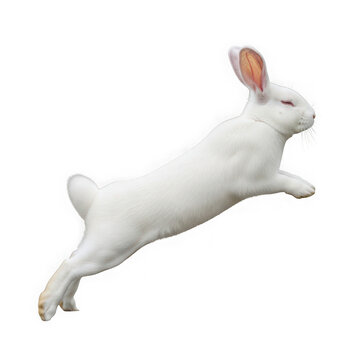 Cute fluffy white rabbit jumping in the air