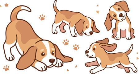 Cute beagle puppy dog cartoon characters vector illustration bundle featuring puppy faces poses bow tie bones and paw prints for pet design © Mon