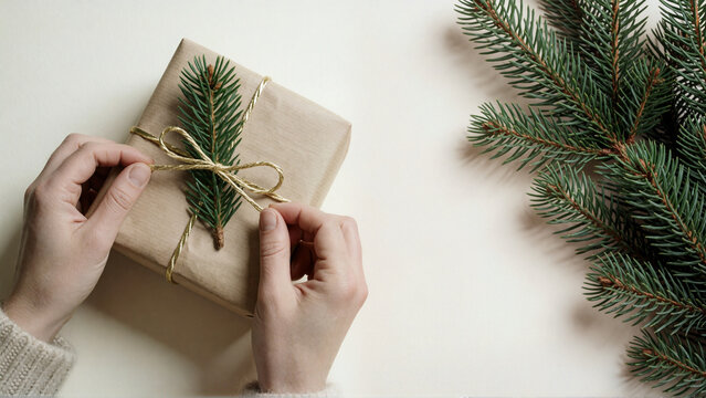 Hands wrapping a gift in brown paper with pine branch and gold ribbon