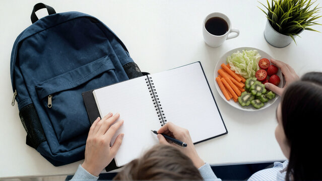 Person studying with a notebook and healthy snack on a white desk