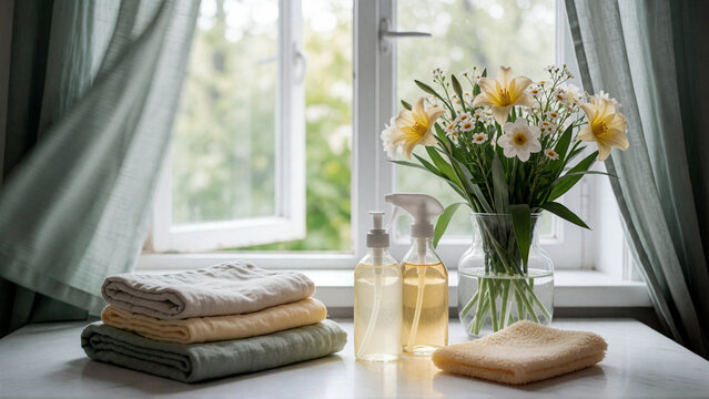Spring cleaning composition with towels and flowers on a window sill