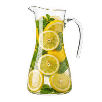 Glass pitcher of cold refreshing lemonade with mint leaves