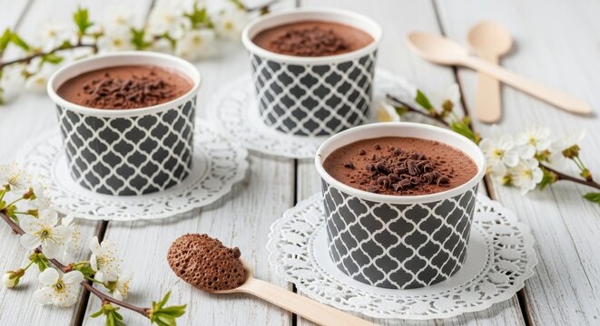 Decadent individual chocolate mousse desserts in decorative cups with shaved chocolate topping on a rustic wooden table