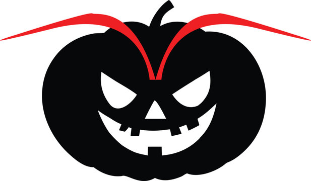 Black scary pumpkin silhouette with red devil horns for halloween party design icon graphic