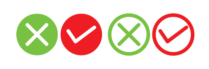 Check Mark Icons Collection. Green Correct Tick Icon And Red Cross Mark. Check Mark And Cross Icon Set. Green Tick And Red X Vector Symbols Collection. © Rohit Rawat