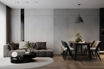 living and dining room in white and beige tones. Sofa, table, chairs, decor. Contemporary interior design © Dulal