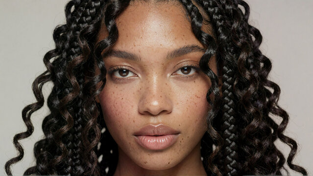 Portrait of a beautiful young woman with braided curly hair and freckles