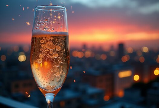 Glistening Prosecco Bubbles in Elegant Champagne Flute at Exclusive Rooftop Aperitivo Hour