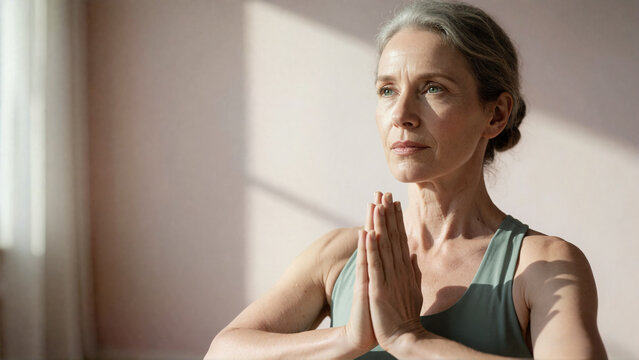 Mature woman practicing yoga and meditation at home