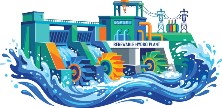 Renewable Hydroelectric Power Plant Dam Concept with Water Turbines Generating Electricity and Power Lines for Green Energy and Ecological Sustainability Infographics Vector