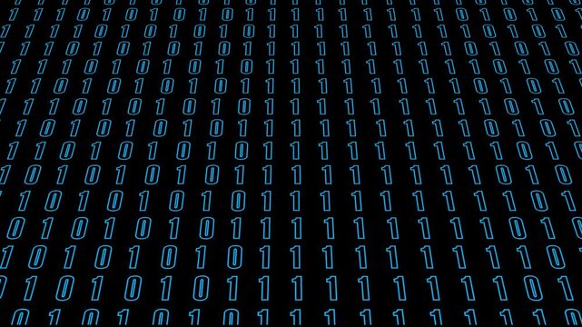 Blue binary code digits on a black background in perspective, creating a digital technology backdrop for data, coding, cyber security, and modern computer concepts.