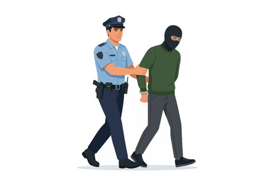 Police officer arresting masked suspect in handcuffs illustration