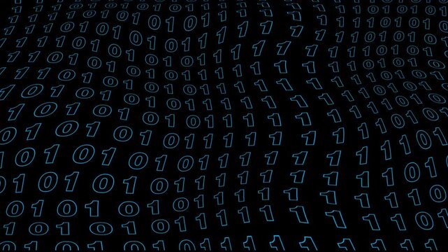 Blue binary code digits flow across a dark wavy surface, creating a futuristic tech background about data, computing, cyber security and digital networks.