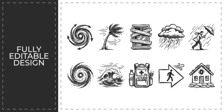 Natural disasters and hurricane storm hand drawn doodle icons featuring flood and tornado for ecological research and emergency disaster relief design