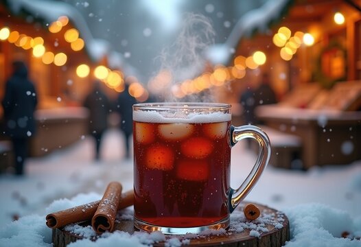 Snowy Christmas Market Scene with Warm Mulled Wine and Cinnamon Stick Surrounded by Twinkling Lights
