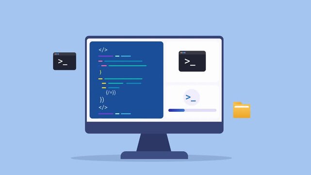 Modern flat vector animation of an AI programming dashboard on a desktop monitor with source code editor, terminal windows, and development interface. Ideal for software engineering, coding, and web a