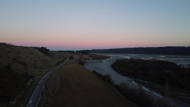 Drone sunset view of river landscape in New Zealand
