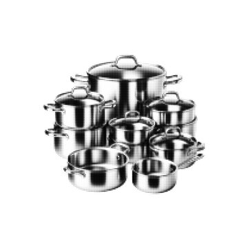 Black halftone cookware set isolated on white background. Stainless steel kitchen pots and pans collection for cooking, culinary, restaurant, kitchenware and home design.