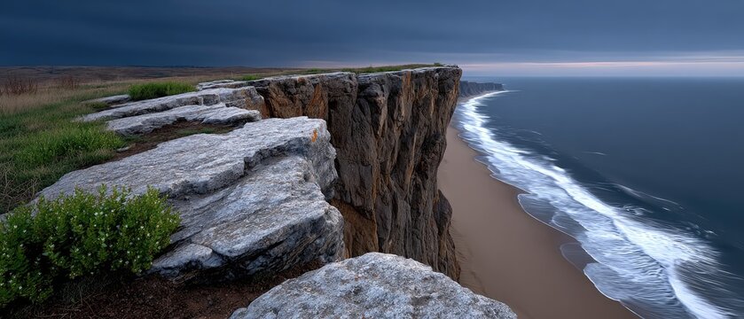 Lone cliff edge overlooks stormy ocean with dark skies and massive waves crashing below in a dramatic landscape scene