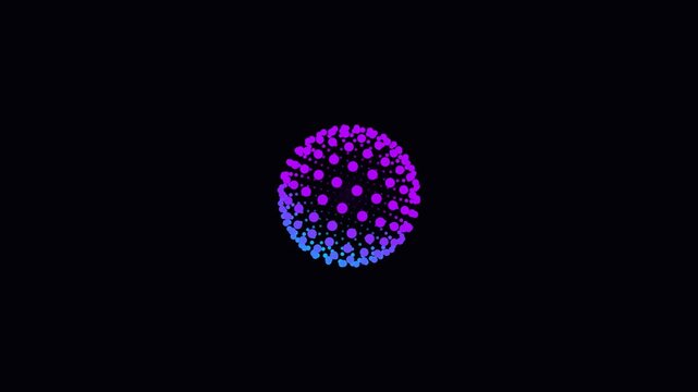 Abstract sphere composed of glowing blue and purple digital dot patterns