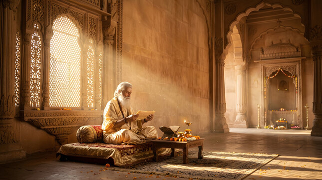 Guru Purnima celebration elderly guru reading sacred scripture inside temple illustration poster design artwork today devotion