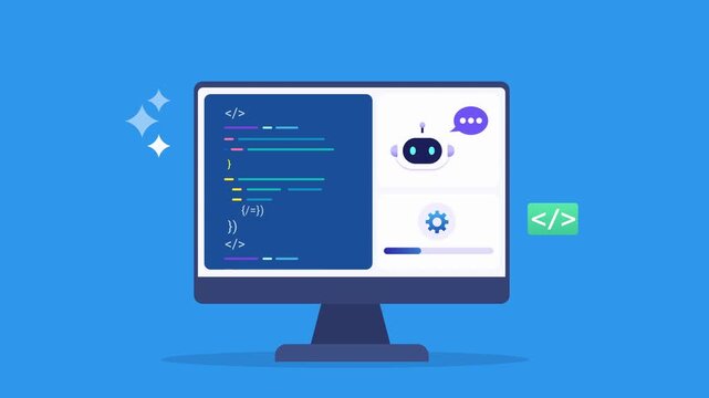 Modern flat vector animation of an AI coding assistant dashboard on a desktop monitor with source code editor, chatbot interface, terminal, and development tools. Ideal for software engineering and we